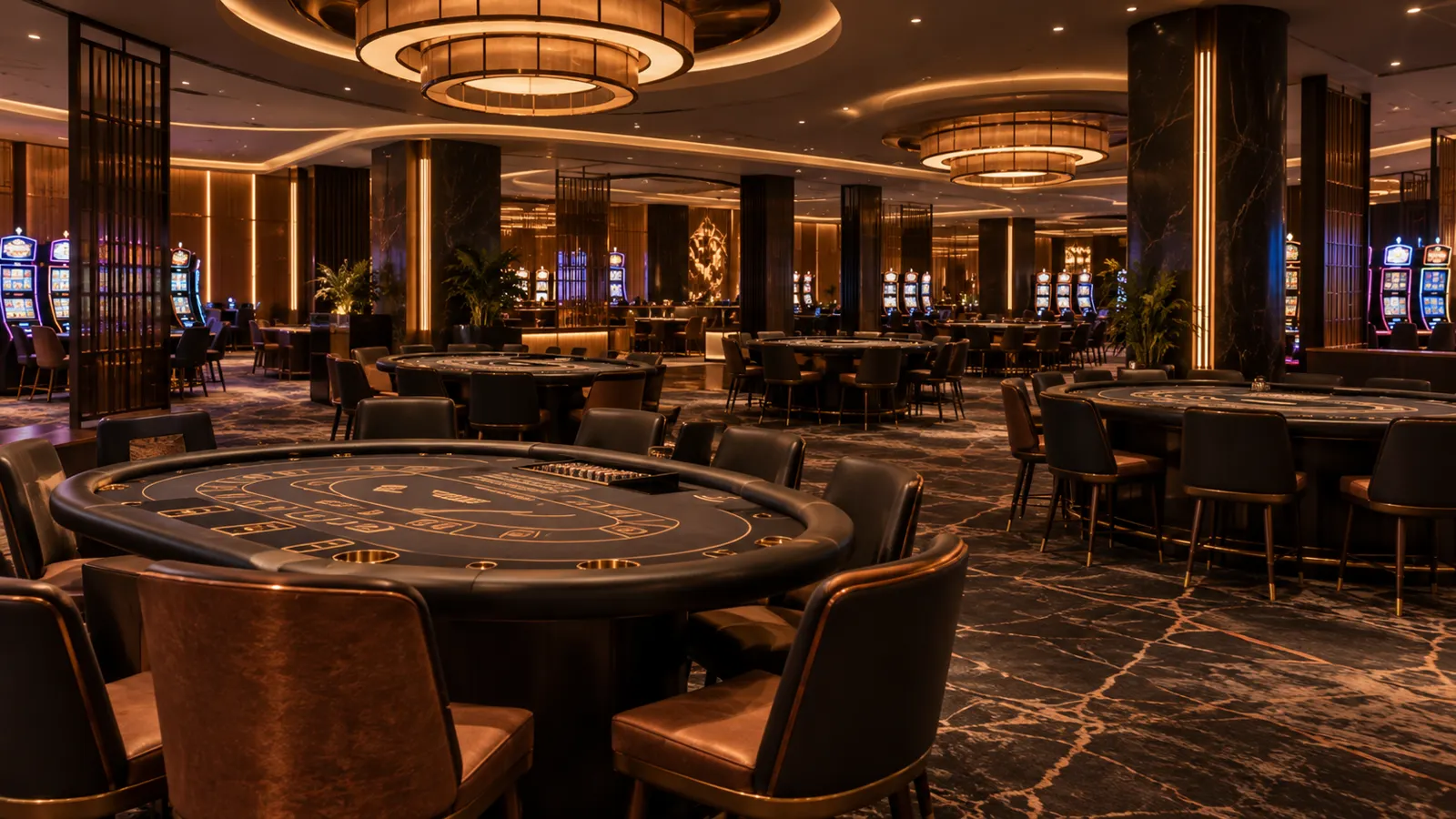 Interior ilustrado de un casino con mesas de juego y tragamonedas