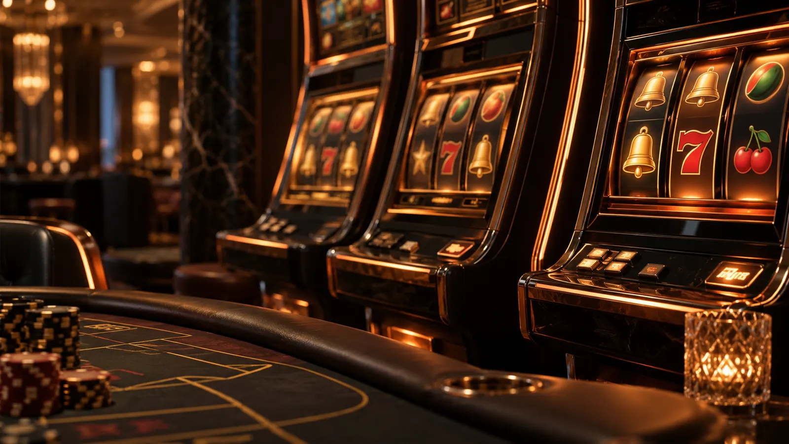 Tragamonedas y mesa de juego en una ilustración de casino