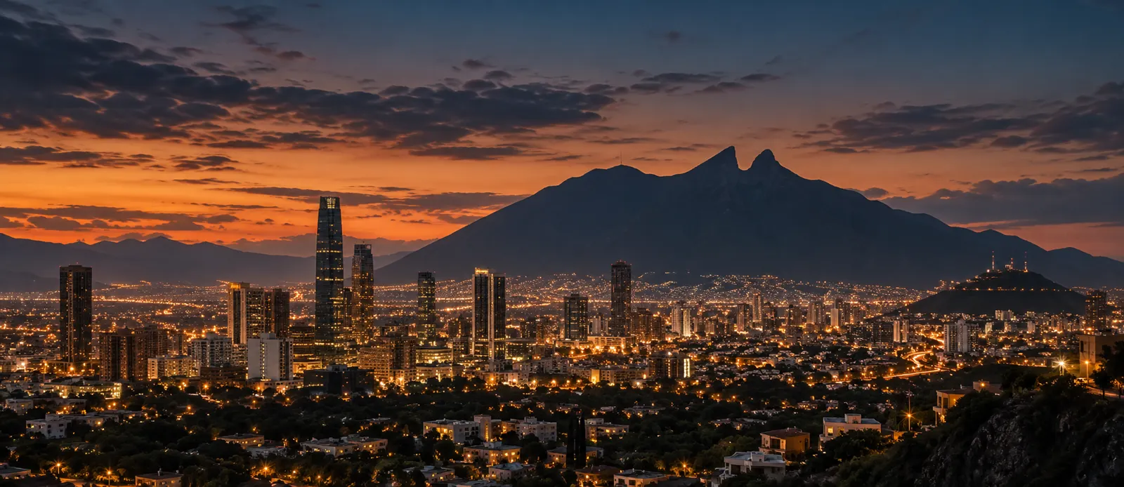 Vista ilustrada de Monterrey y el Cerro de la Silla al atardecer