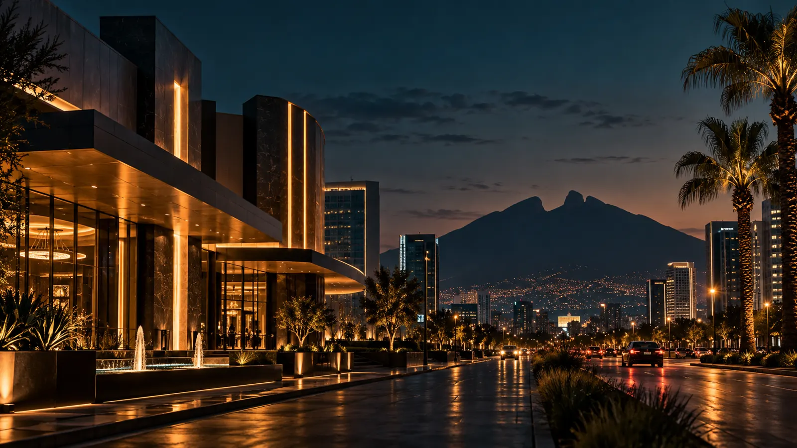 Boulevard nocturno de Monterrey con el Cerro de la Silla al fondo