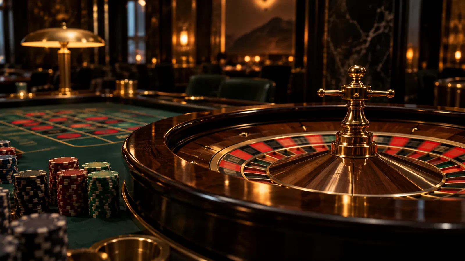Ruleta y fichas sobre una mesa de casino ilustrada